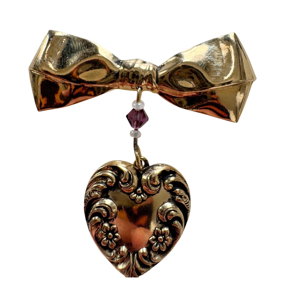 Vintage‎ Victorian Revival Gold Tone Bow Heart Pin Brooch Dangle Charm Coquette